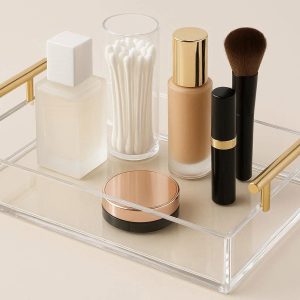 10 Clear Acrylic Decorative Tray Lucite Cosmetic Makeup Vanity Storage Organizer Box With Sleek Gold Metal Handles