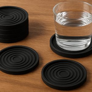 12 Black Silicone Coasters Round Non Slip Drink Mat Set With Deep Grooves Lip For Kitchen Wood Table