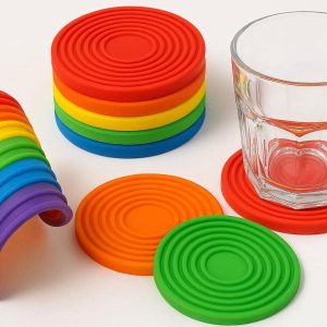 14 Colorful Silicone Coasters Flexible Rainbow Drink Mat Set Heat Resistant Non Slip Cup Holders For Kids Adults