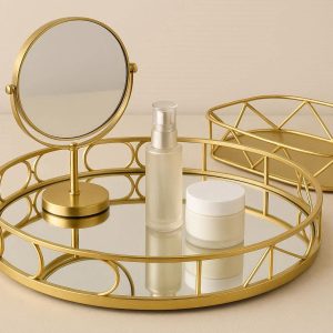 2 Modern Gold Decorative Tray Metal Round Cosmetic Mirror Organizers Elegant Coffee Table Serving Decorative Platter Collection